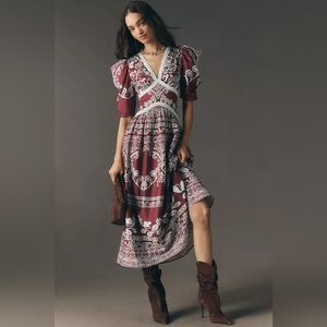 Farm Rio x Anthropologie Printed V-Neck Puff-Sleeve Maxi Dress Size XL NWT